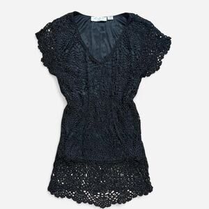 VTG 90s M Nicole Evening Black & Silver Threaded Crochet Overlay Whimsy Top S